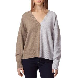 Theo & Spence V-neck Tan Gray Colorblock Soft Sweater Oversized Womens Sz Small